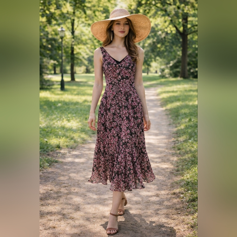 100% Silk Rose Floral Midi Dress by Loft